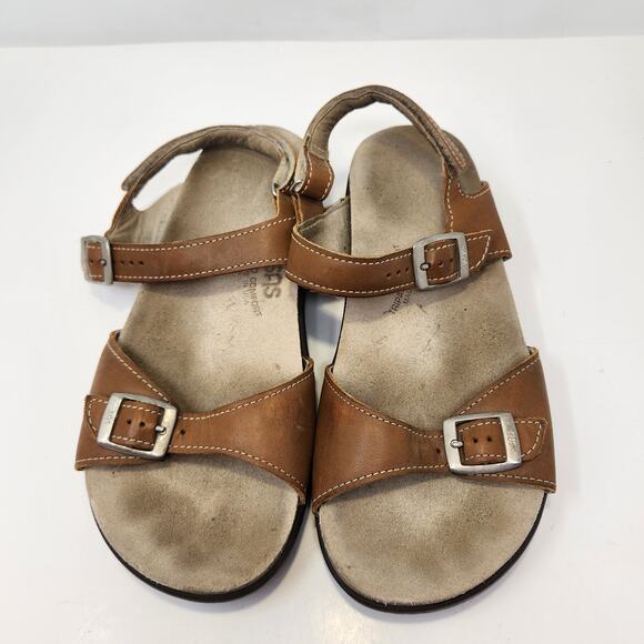 SAS Women Brown Leather Ankle Strap Sandal Size 8 Wide Comfort Flats Strappy - Picture 2 of 8